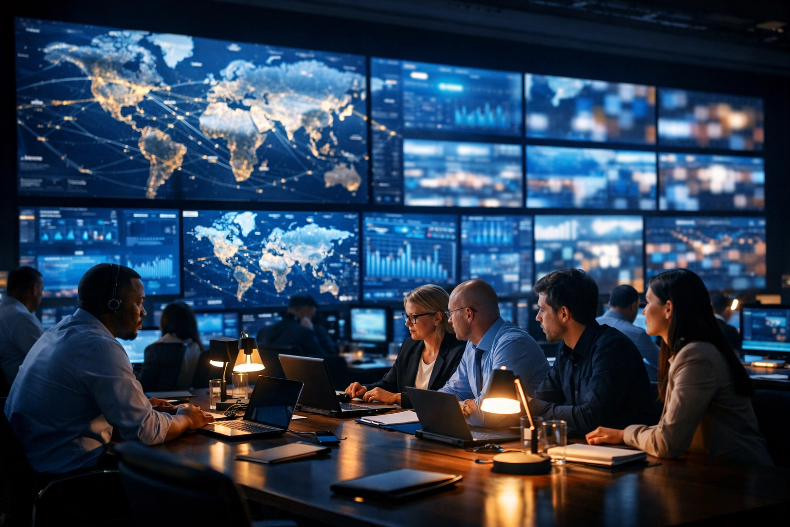 Dakdan Worldwide team managing global media distribution and data analytics from a strategic operations command center.