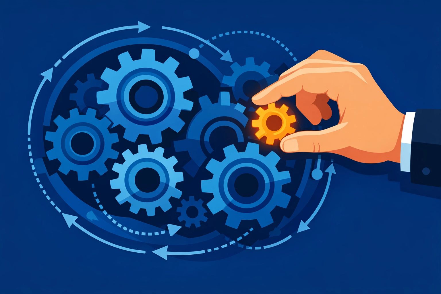 Customer education hand placing an orange gear into a blue machine to represent a custom eLearning development prototype.