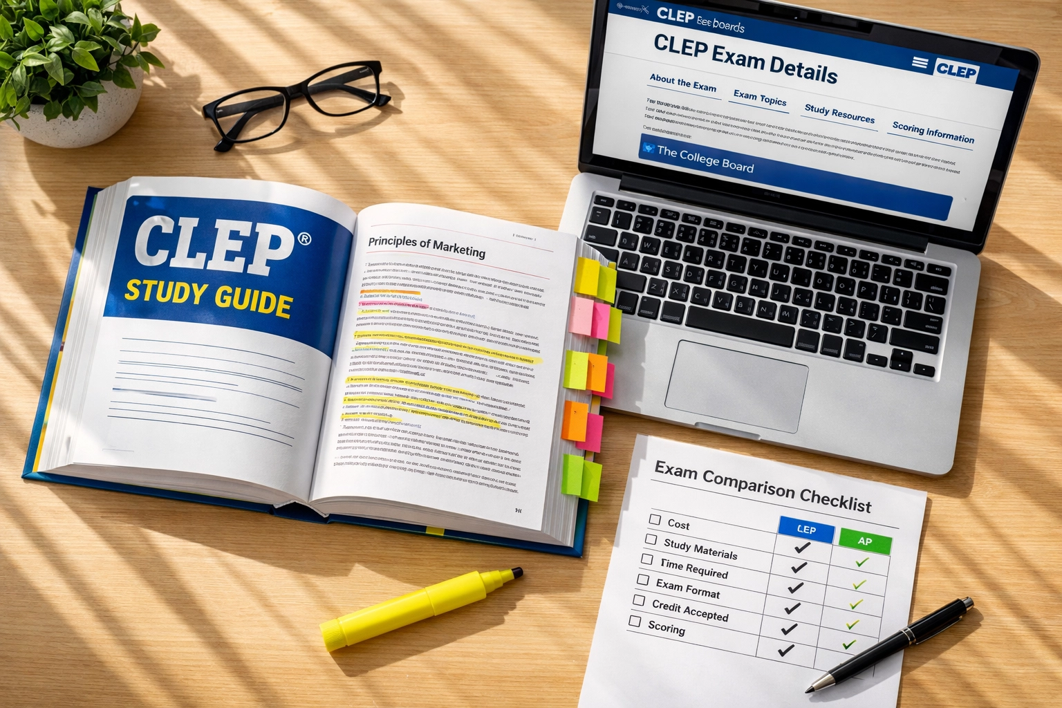 Student comparing CLEP study guide to official College Board exam details on laptop