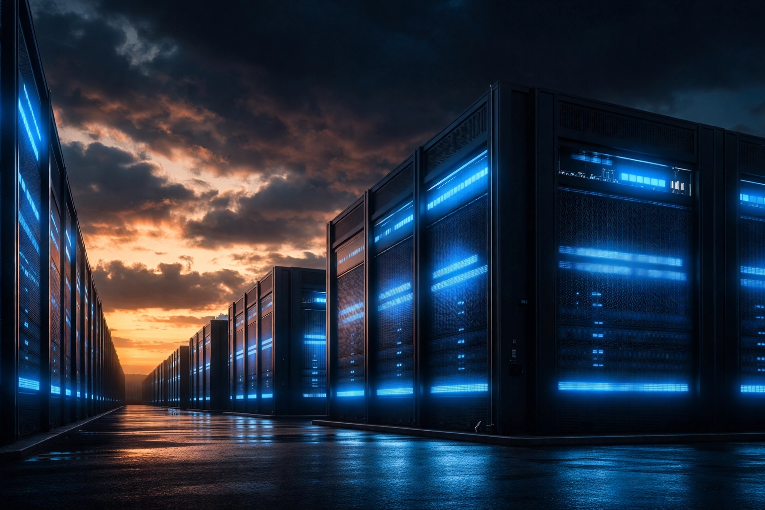 Modern data center at dusk showcasing digital infrastructure growth for high-net-worth real estate investment.