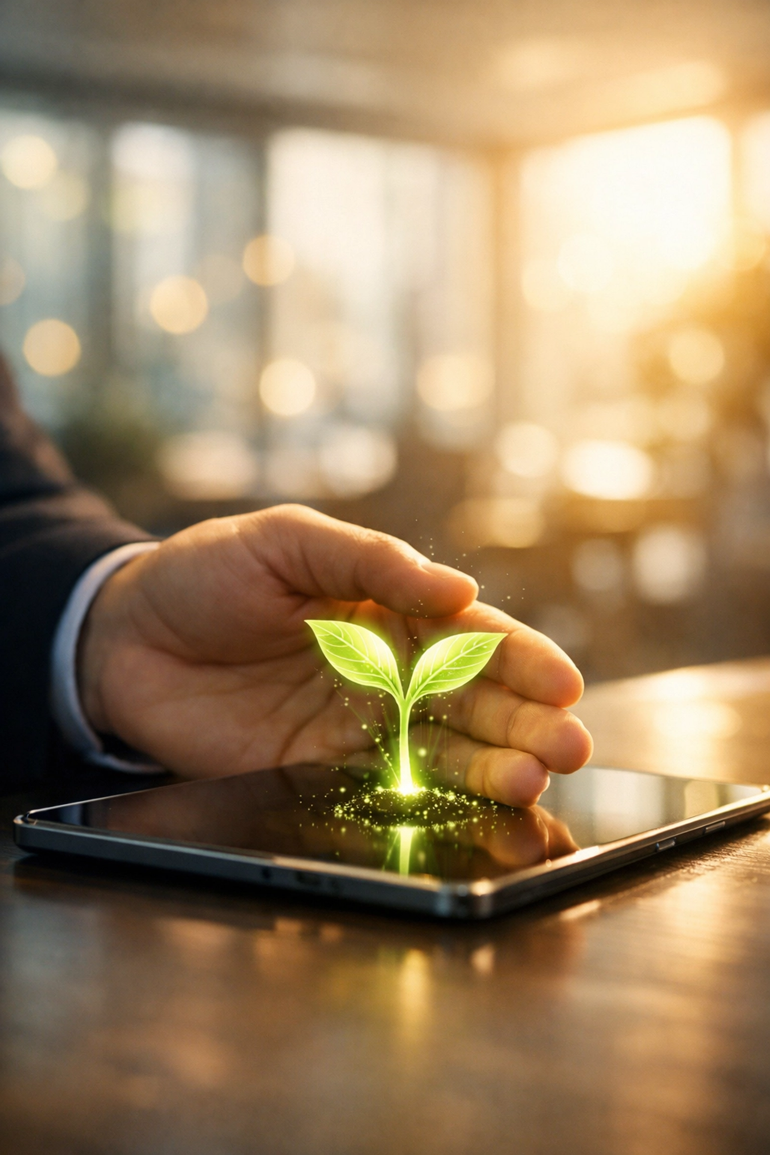 Professional nurturing digital growth from a tablet representing marketing ROI and lead nurturing.