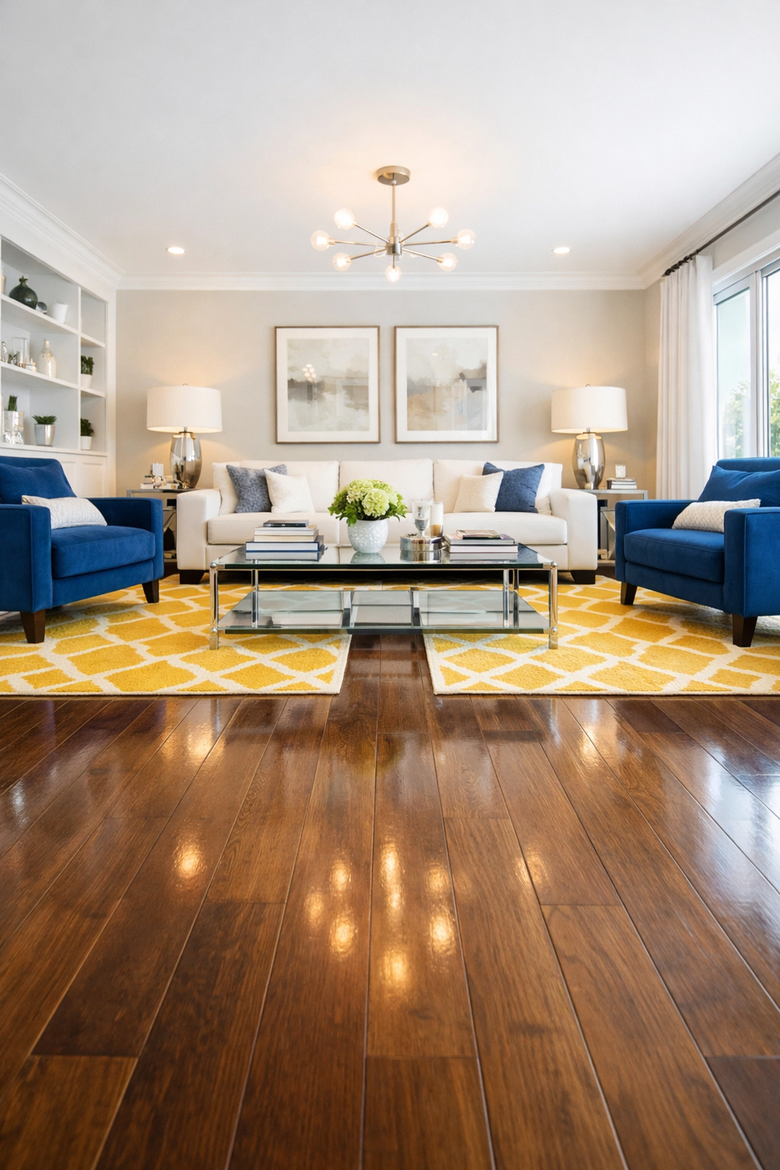 Staged and professionally cleaned modern living room ready for short-term rental guest check-in.