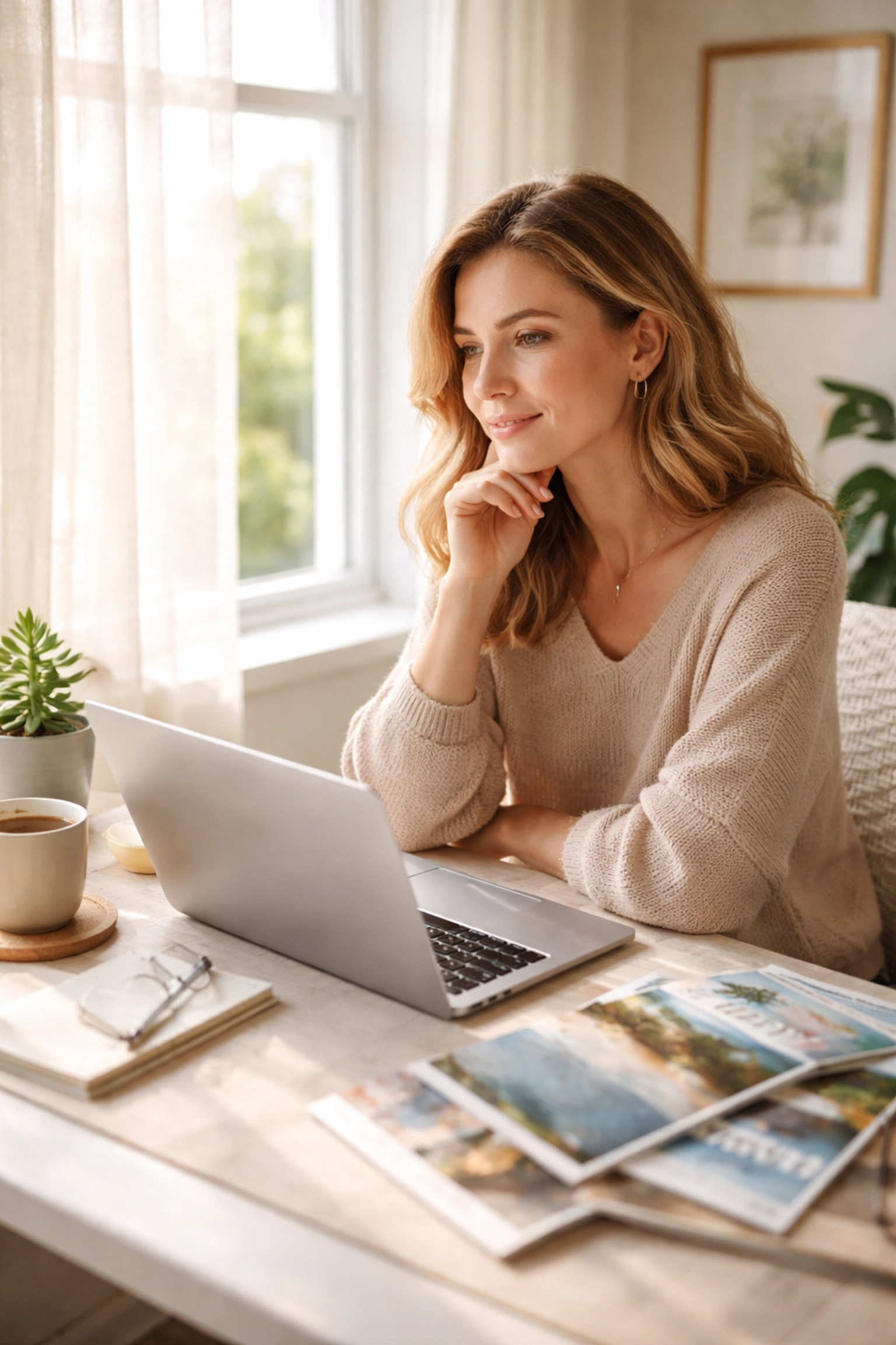 Woman working from home at a sunlit desk with coffee and travel magazines, embodying the flexibility of remote travel advisor jobs