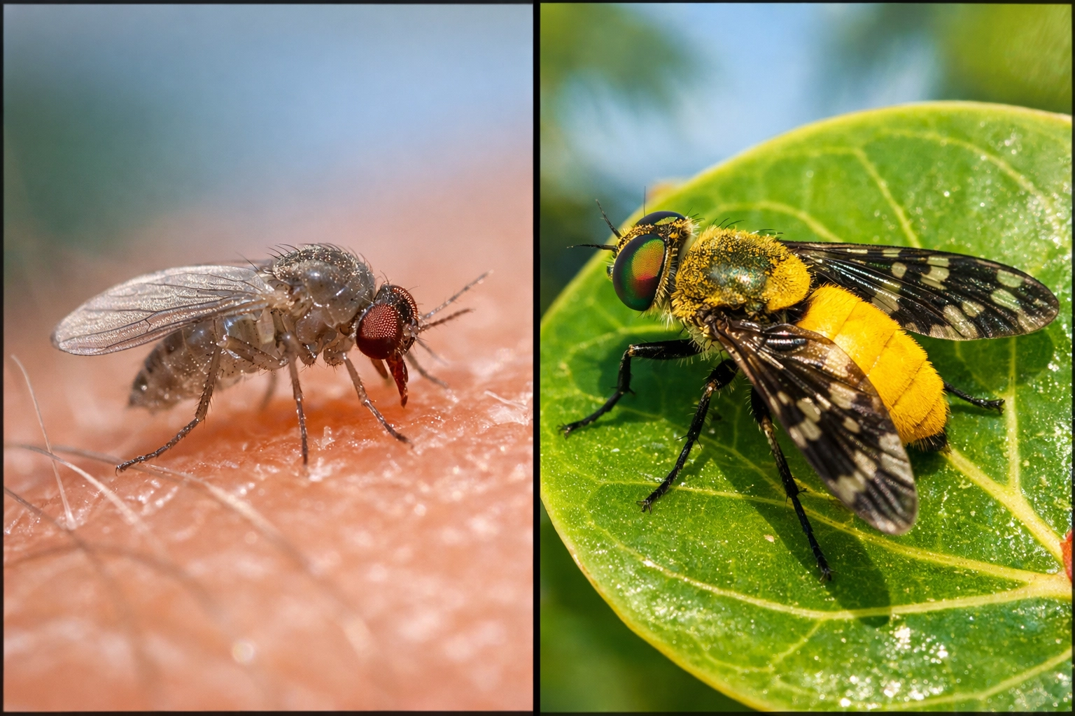 Macro view of a tiny no-see-um and a yellow fly, common biting pests requiring pest control in Naples FL.
