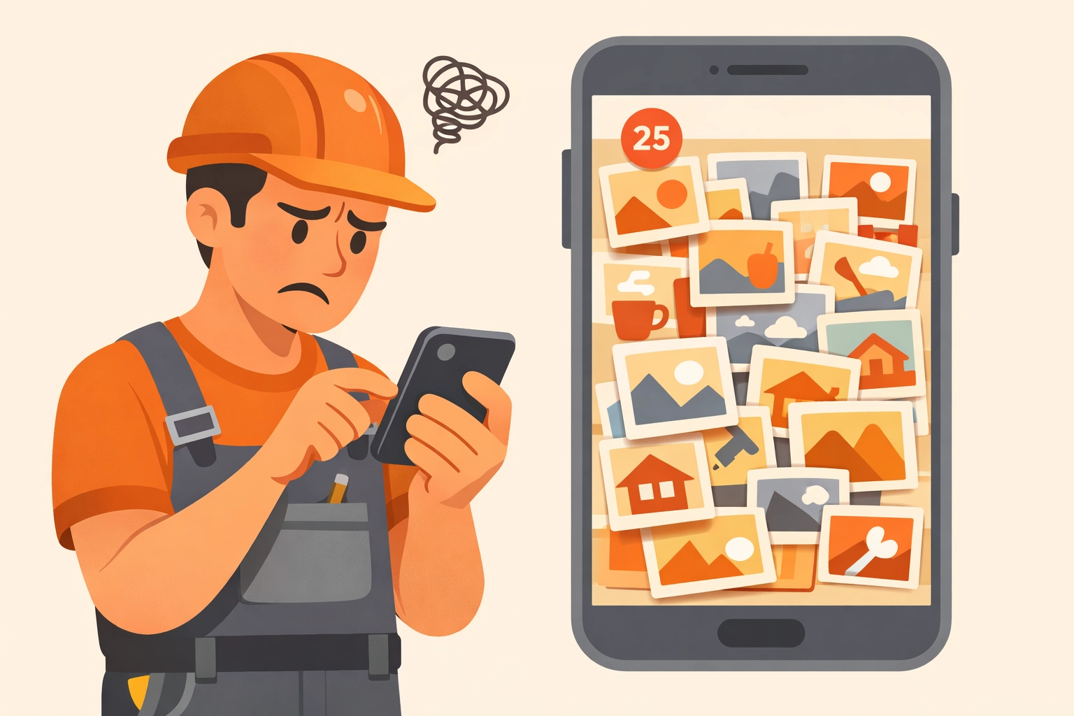 A frustrated contractor struggling to find job site photos on a cluttered and disorganized smartphone.