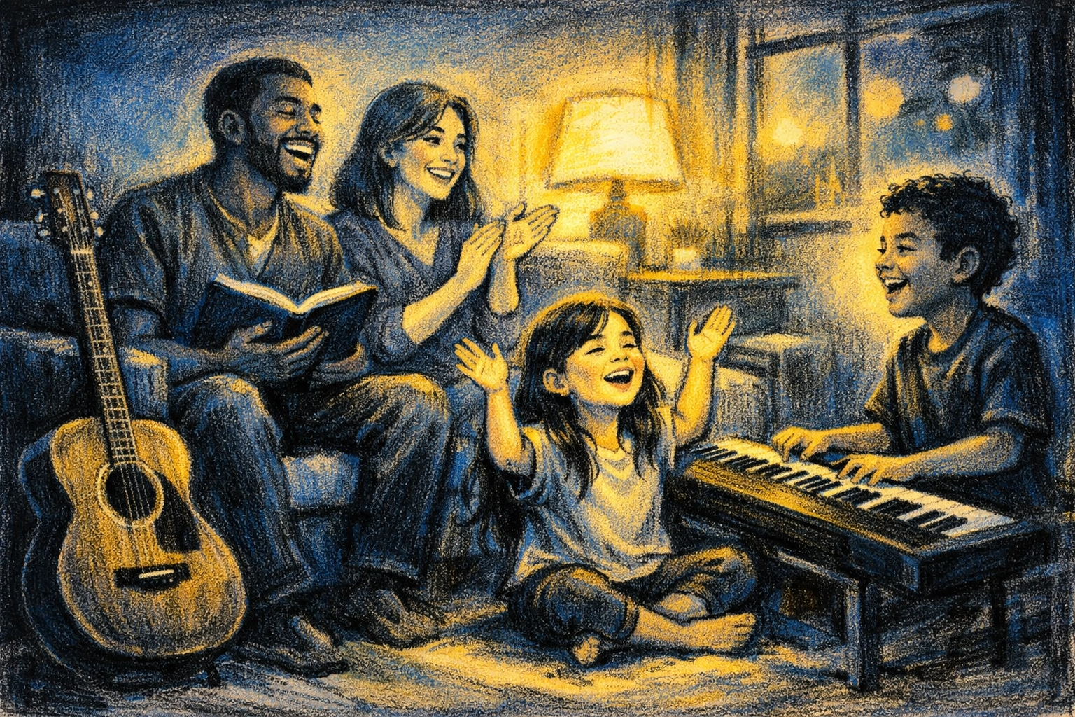 Family worship time at home with guitars and keyboard in Memphis