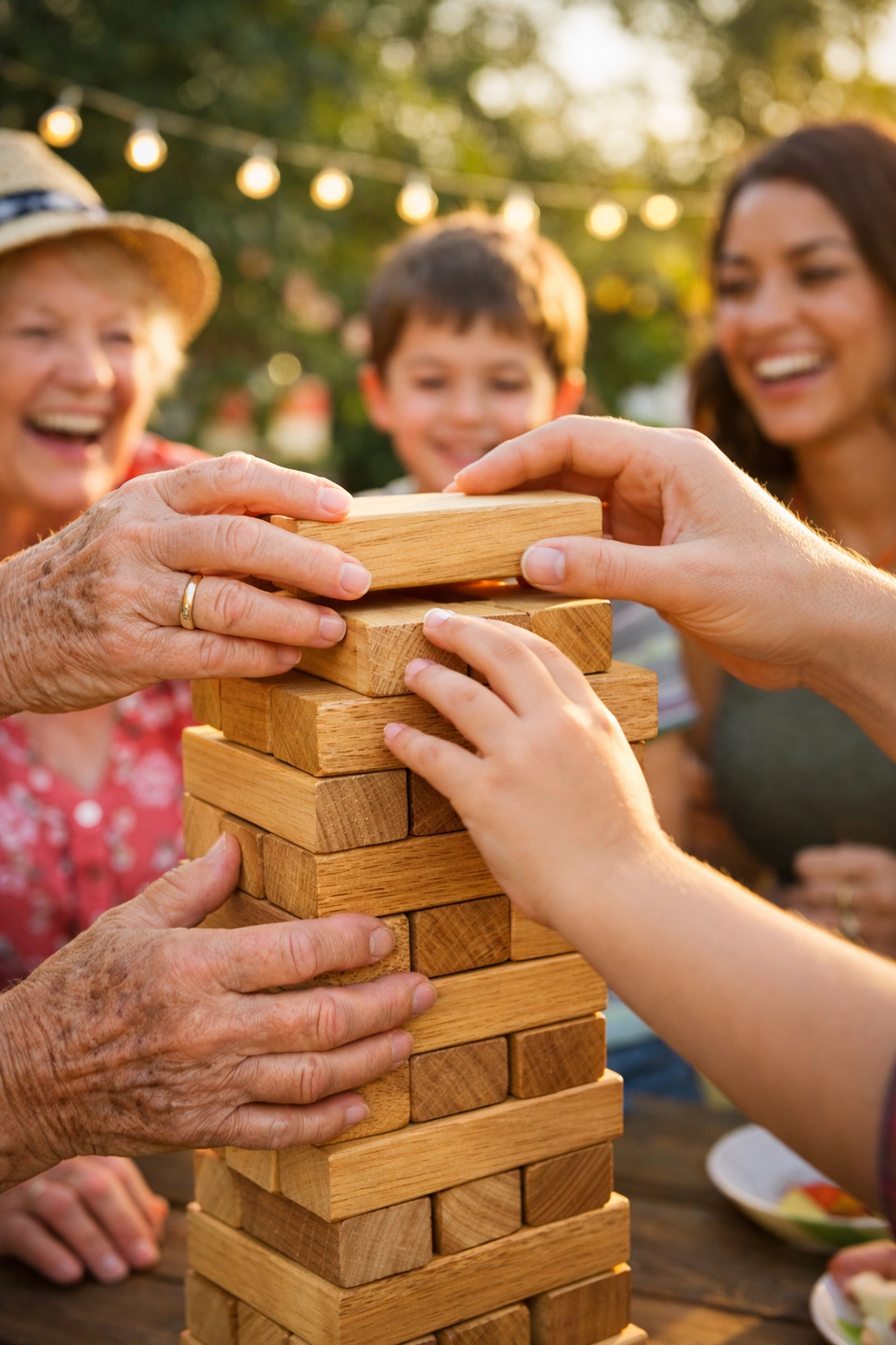 Family hands working together on Giant Jenga at outdoor birthday celebration