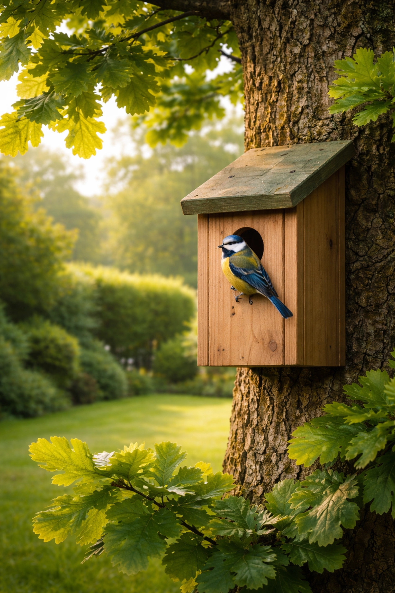 Blue tit perched on a nesting box on an oak tree in a UK garden, illustrating natural pest control for oak tree health.