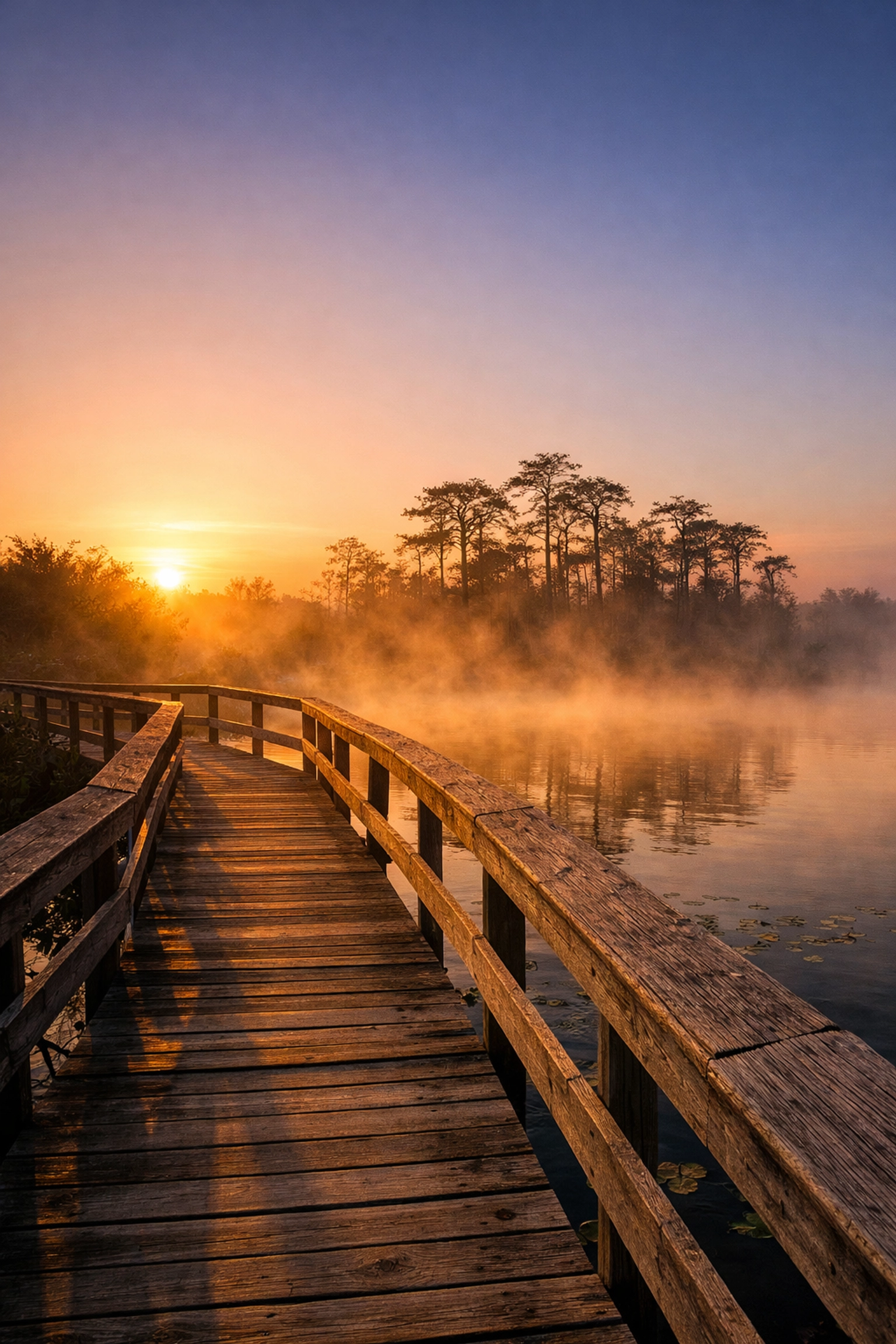 Misty sunrise at Anhinga Trail boardwalk, one of the best photography locations in the Everglades.