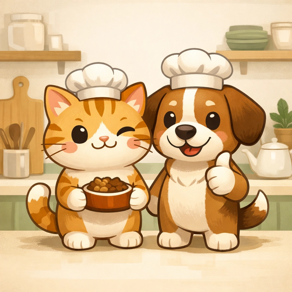 Cartoon cat and dog mascots in clean kitchen ready to safely handle raw cat food