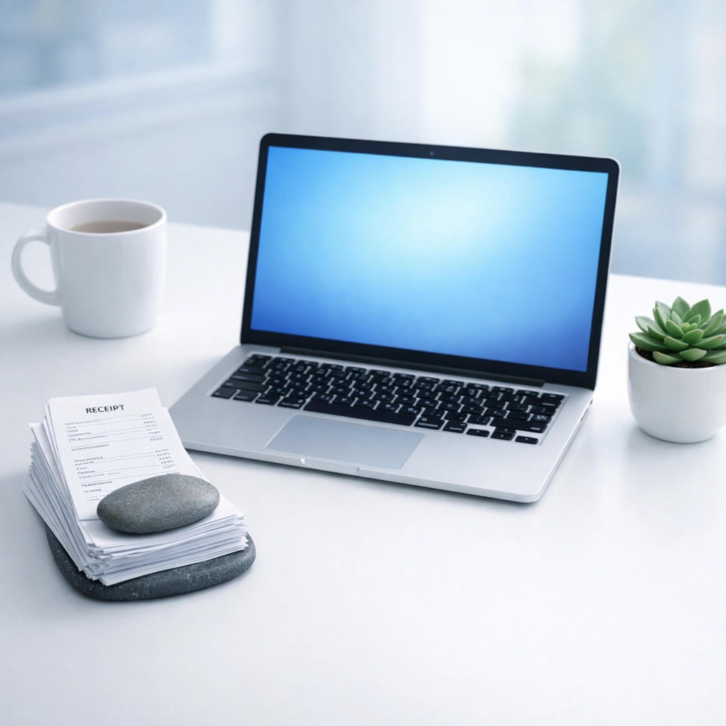 Organized desk with laptop and receipts reflecting successful QuickBooks cleanup and bookkeeping.