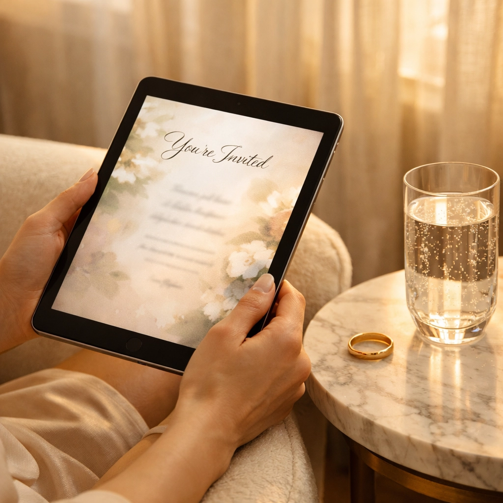 Wedding guest using a tablet to submit an online RSVP and contribute to a wedding fund.