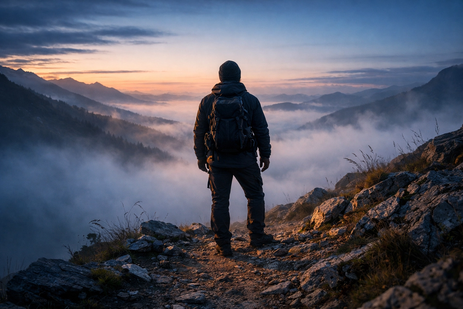 A person looking over a misty valley at dawn, representing clarity and peace in sobriety.