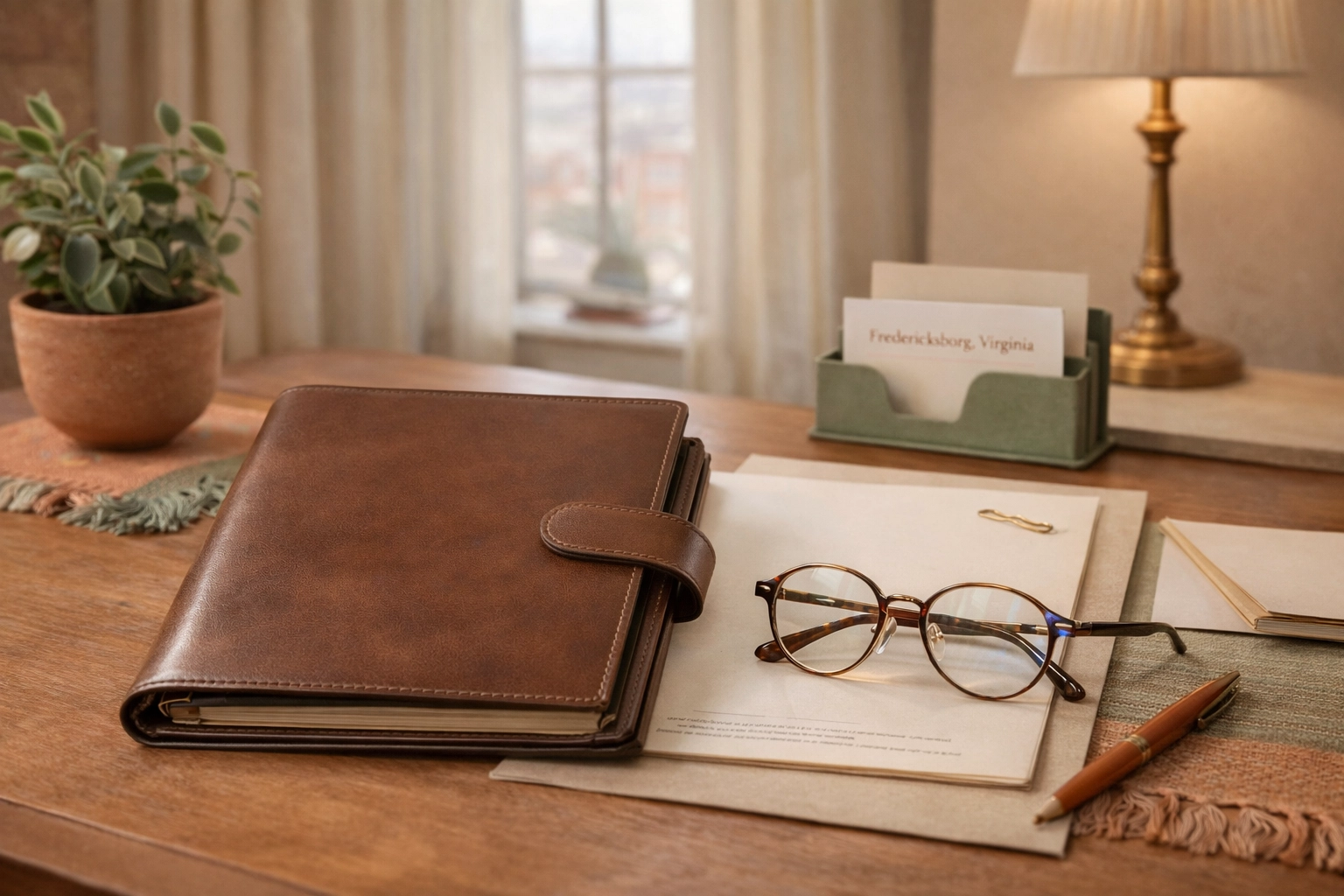 Professional legal documents and glasses on a desk for a divorce attorney in Fredericksburg, VA.