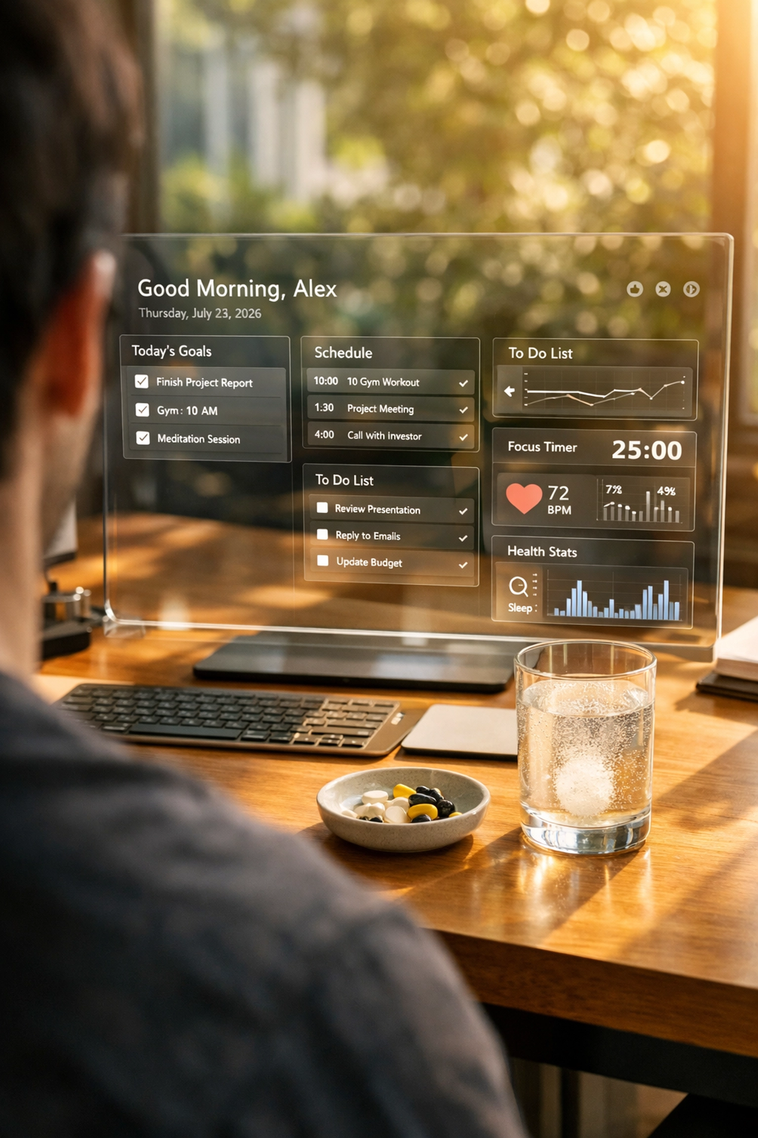 Daily nootropic protocol with water and supplements at a sunlight-filled productive workspace.