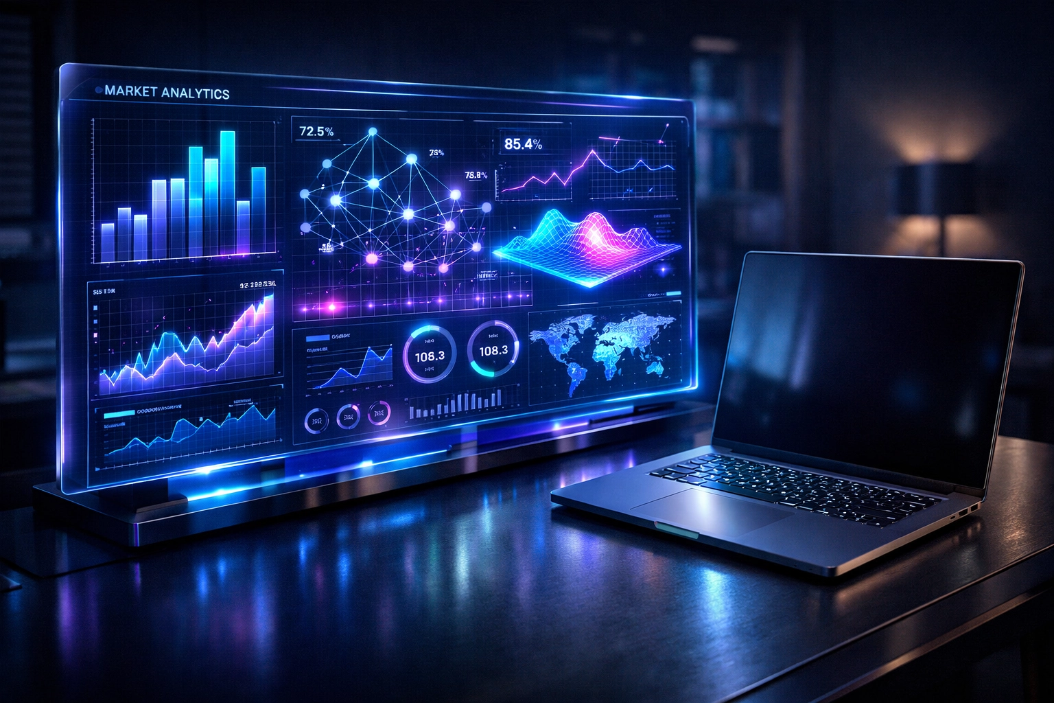 Futuristic digital dashboard showing AI market sentiment analysis and keyword gap tools on a desk.