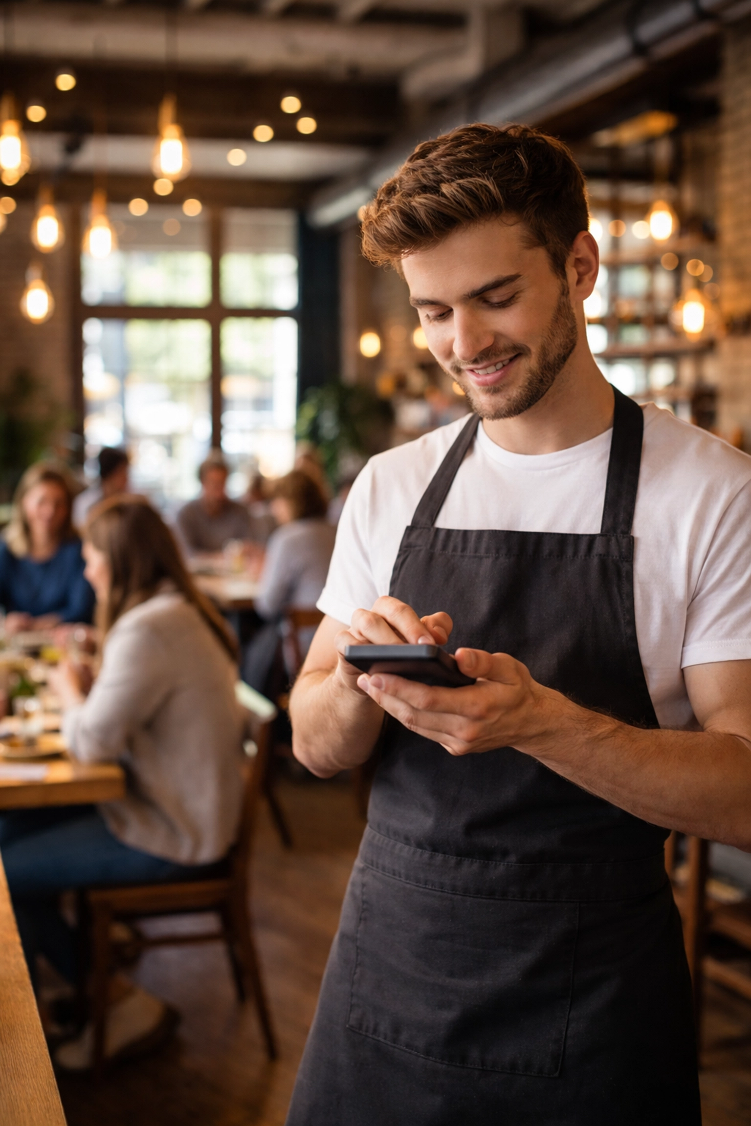 Waiter using handheld POS device in a UK restaurant, demonstrating POS use in hospitality during busy service