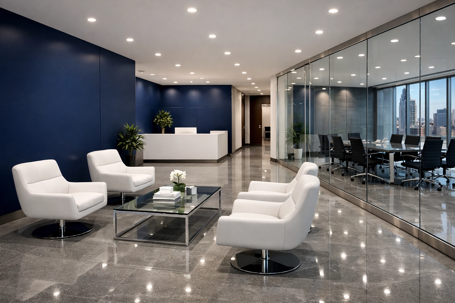 Professionally cleaned commercial office lobby in downtown Worcester with spotless glass and floors.