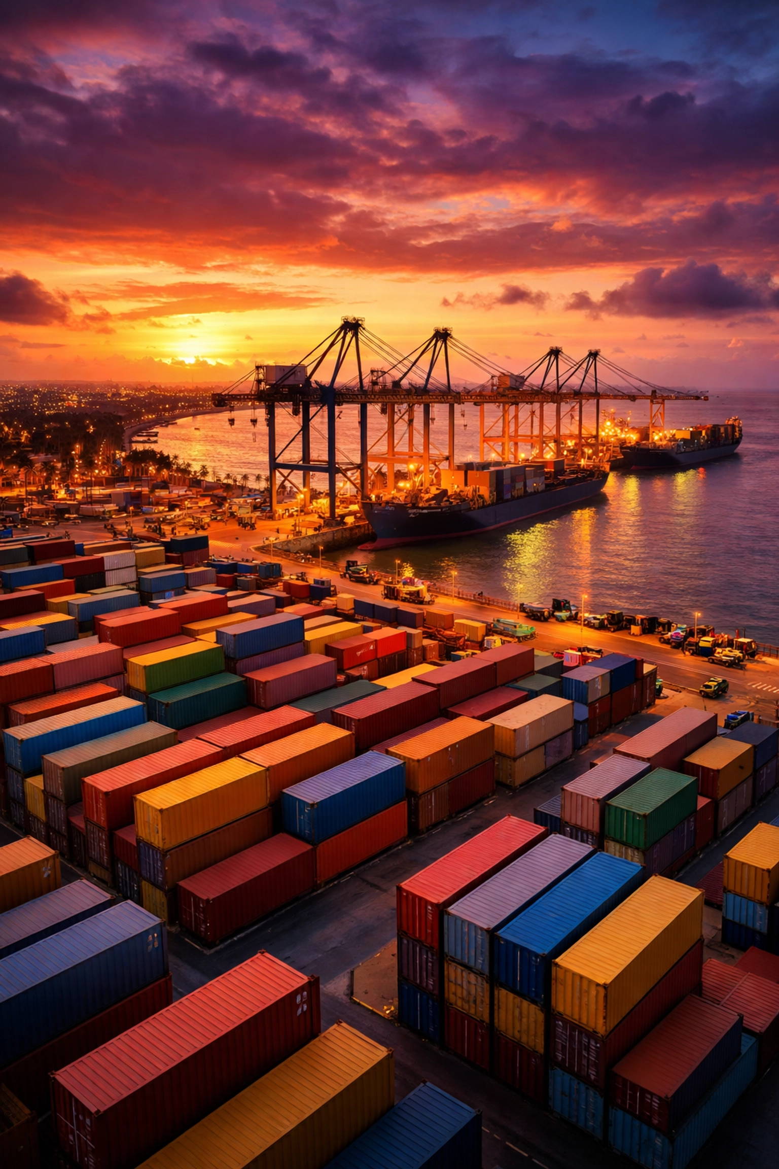 West African port at sunset highlighting PSI Global Logistics' presence in emerging trade markets