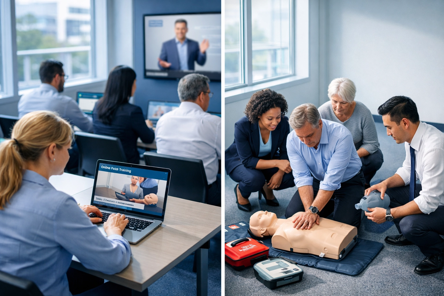 Corporate professionals learning emergency response training through online and hands-on methods