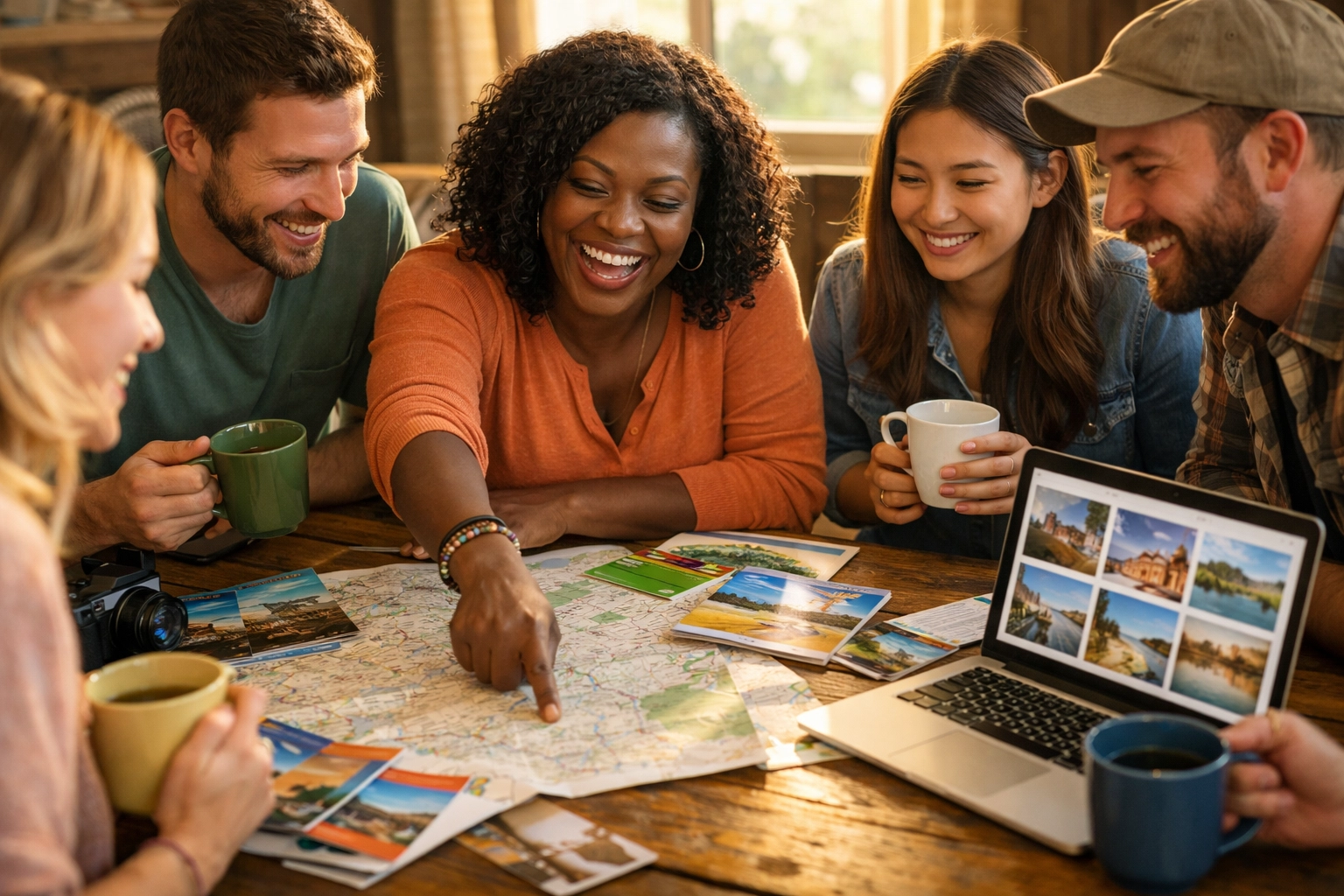 Friends collaborating on vacation planning with travel maps and laptop