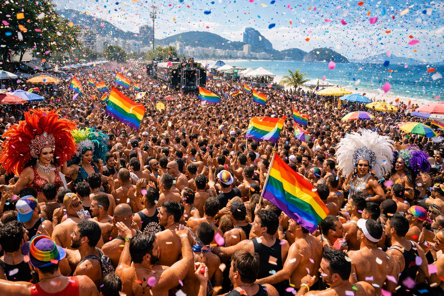 Gay street bloco party at Rio Carnival with rainbow flags and drag queens celebrating