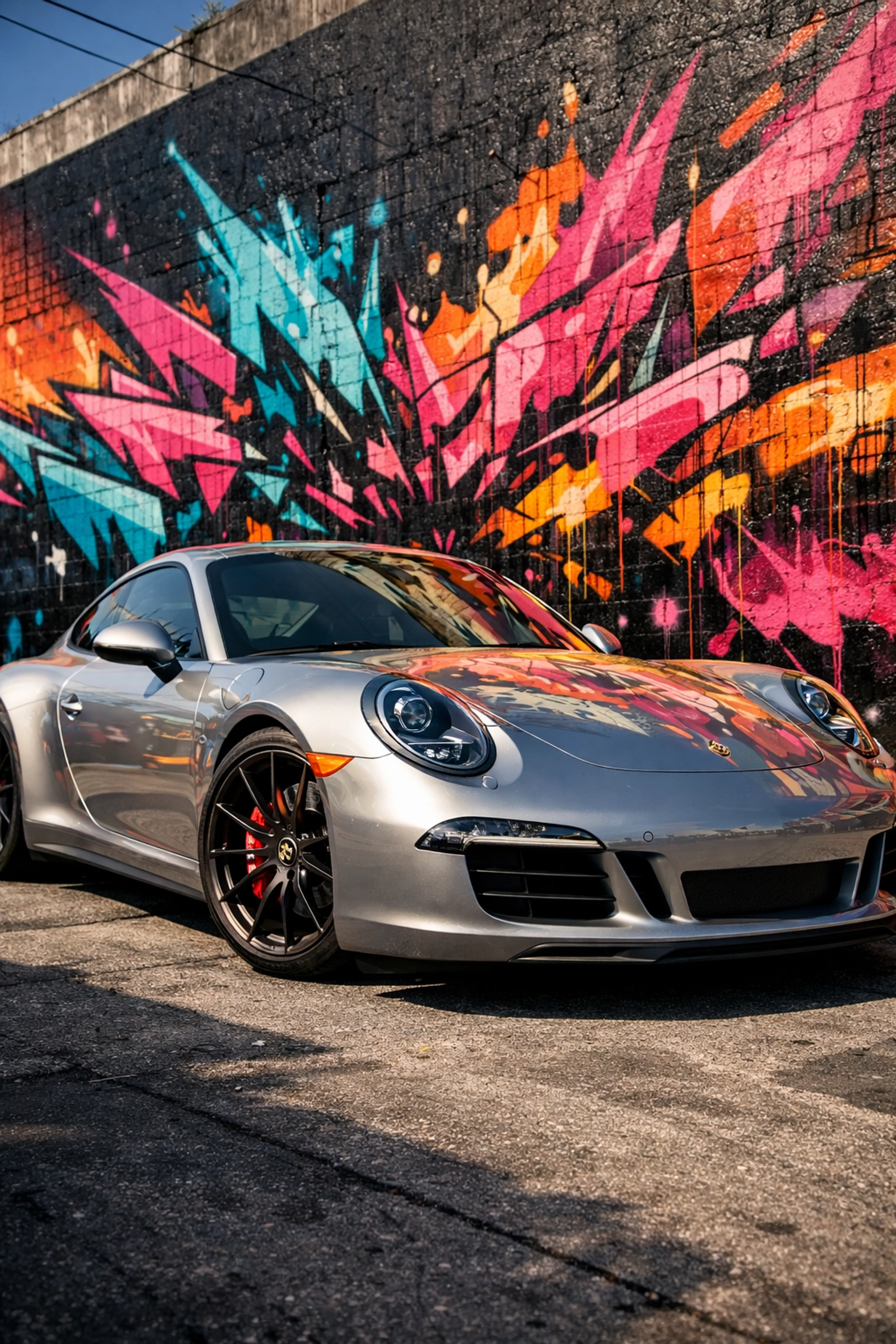 Brand photography in Miami featuring a luxury car against a colorful Wynwood mural.