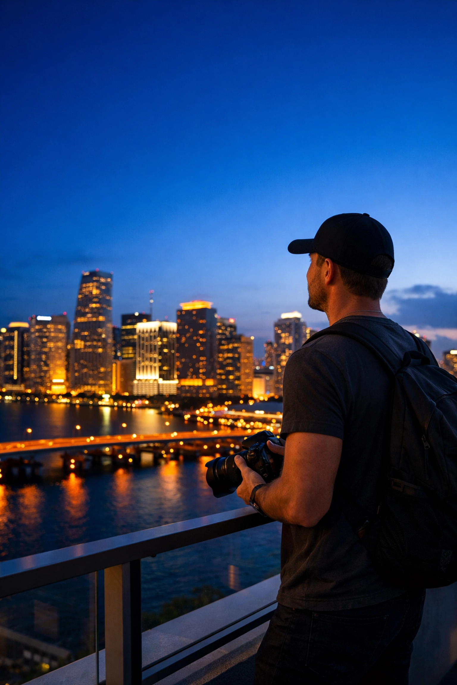 A professional photographer standing on a Miami rooftop overlooking the city skyline at twilight.