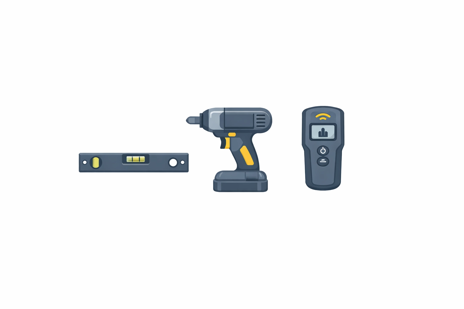 Essential professional TV mounting tools like a stud finder, level, and impact driver for safe wall installation.