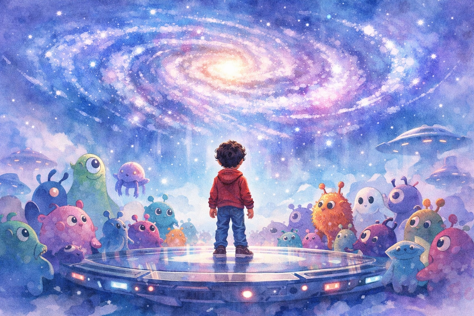 Young Elio surrounded by friendly alien creatures on spaceship in Pixar's 2025 film