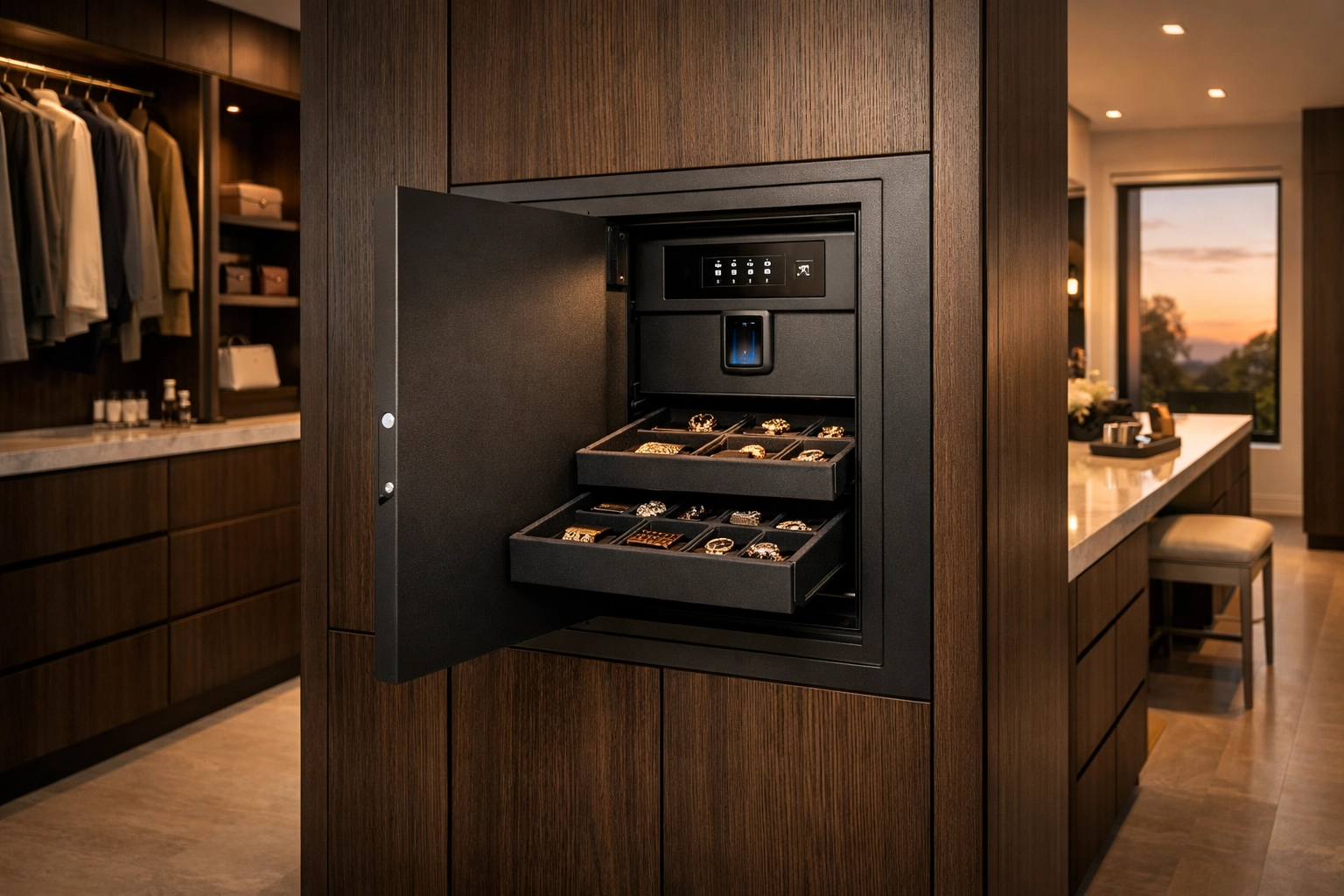 Modern biometric home safe for secure storage of a high-value jewelry collection in Connecticut.