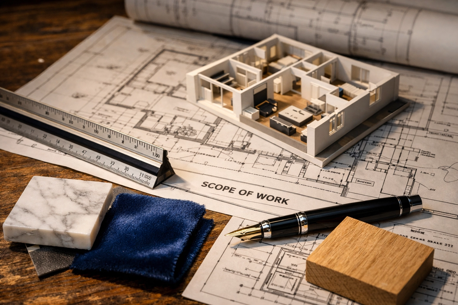 Architectural blueprints and material samples for a North London home renovation project plan.