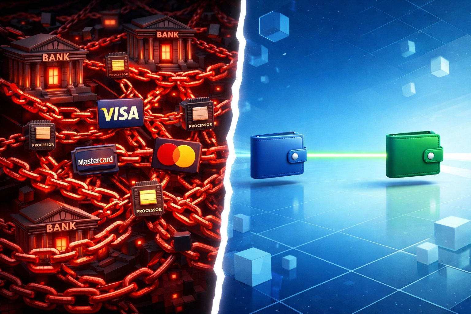 Traditional payment systems with multiple intermediaries versus direct Web3 blockchain wallet transfers