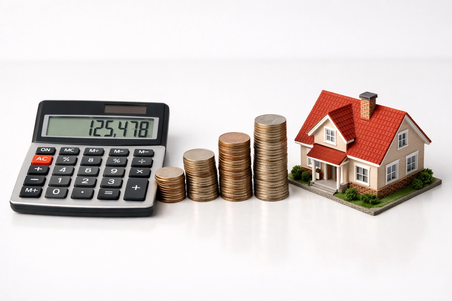 Calculator and house model illustrating property tax calculations and homeownership costs