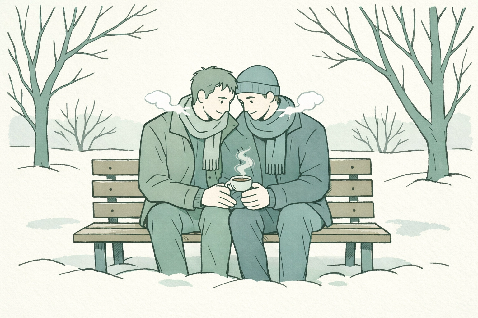 Two men sharing intimate moment on snowy park bench, slow-burn MM romance winter setting