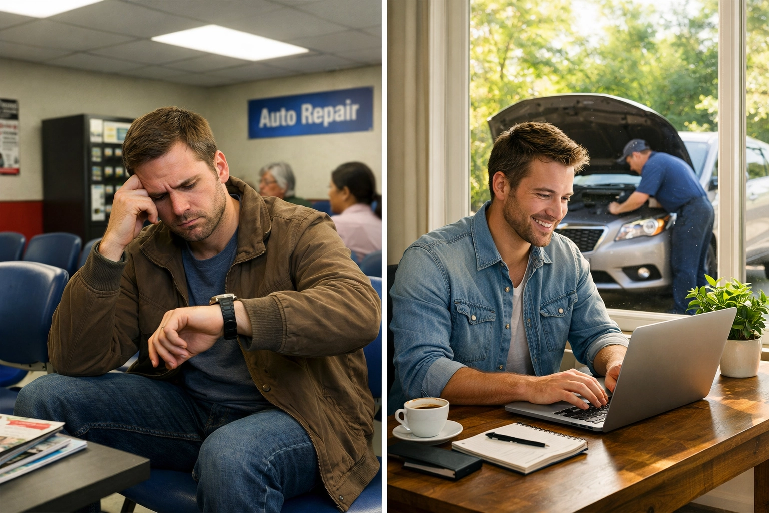 Comparison of traditional auto shop waiting room versus productive work from home during mobile oil change