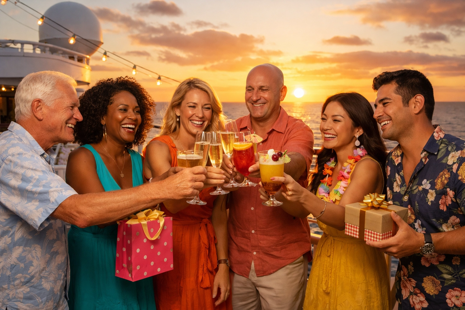 ROCKIN' the BOAT group cruise members enjoying an exclusive sunset cocktail party and prizes on deck.