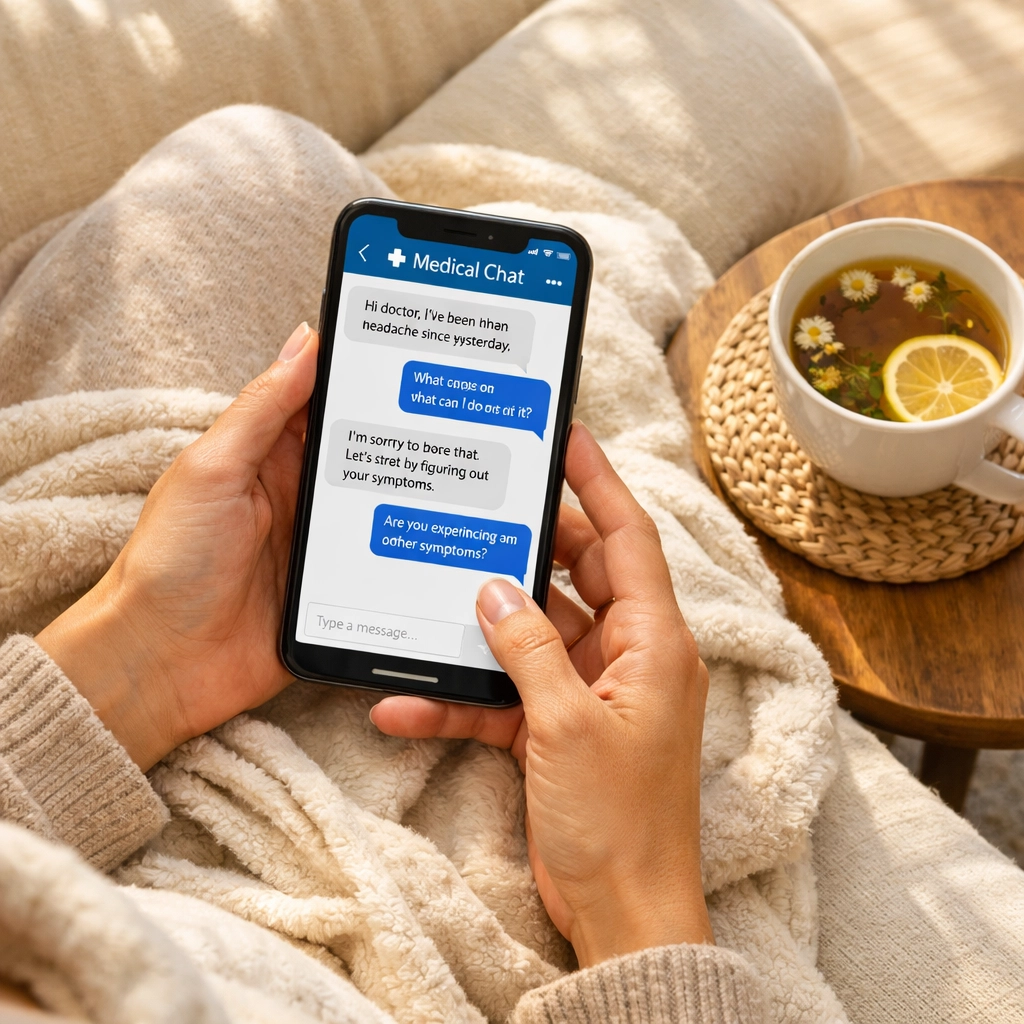 Woman using smartphone for online UTI treatment consultation from home