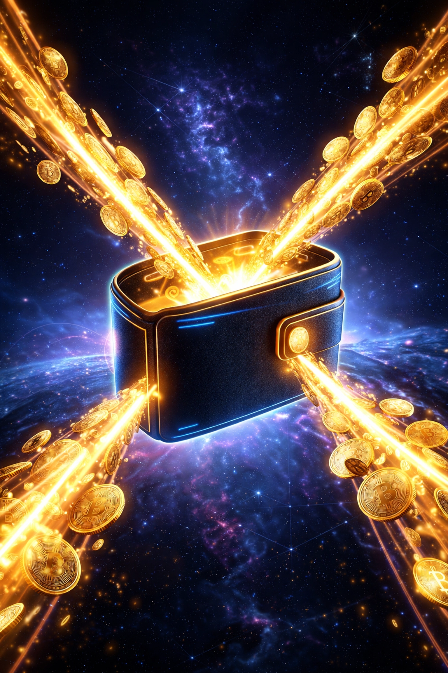 A digital wallet receiving cryptocurrency coins in space, symbolizing Larecoin’s direct, self-custody payments with no intermediaries.