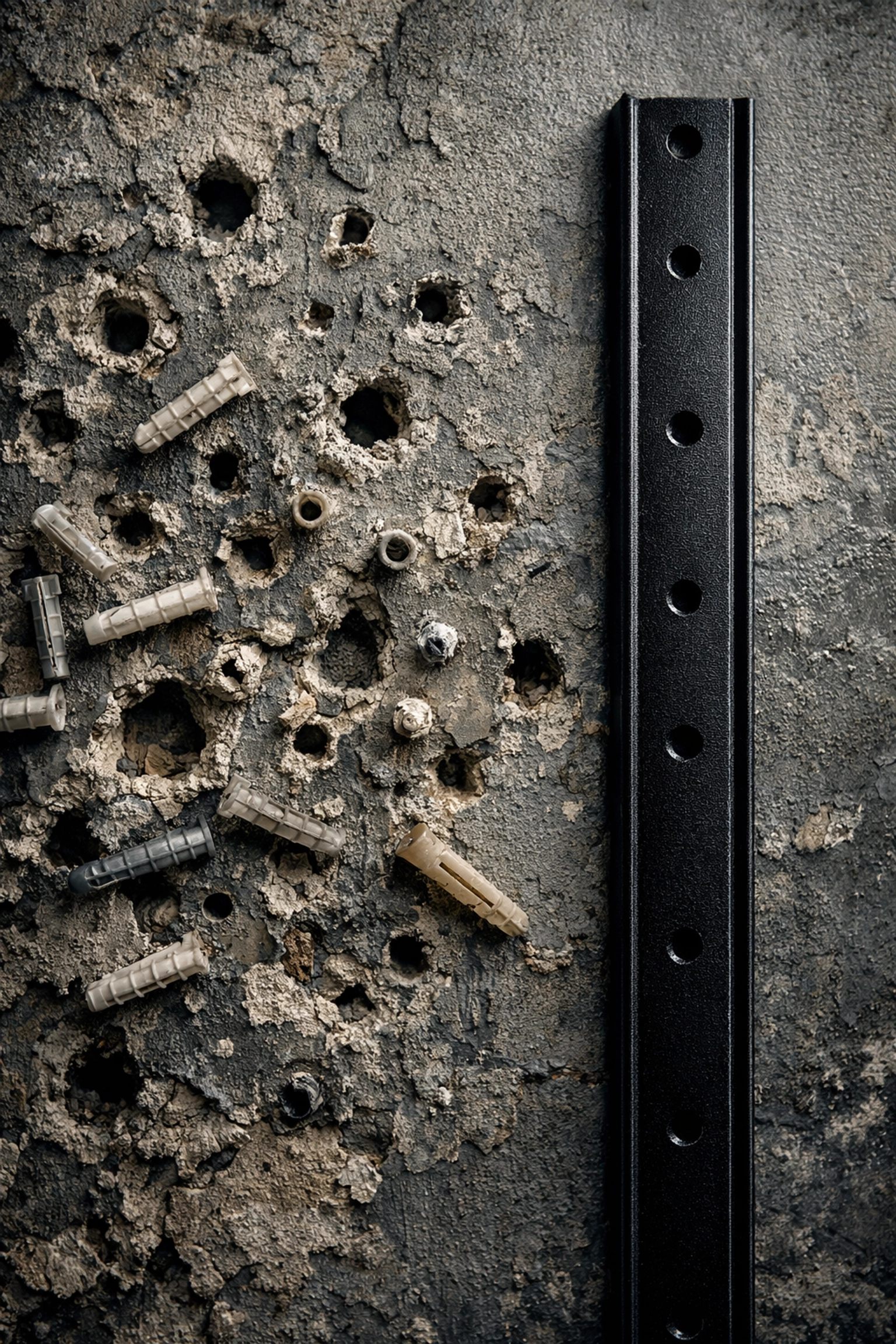 Wall damaged by multiple drill holes next to a sleek black home gym wall mounting rail.