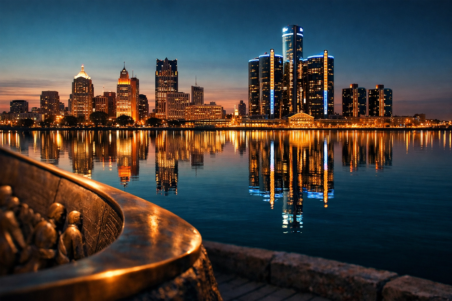 Reflective view of the Detroit skyline and Renaissance Center from the Windsor riverfront at night.