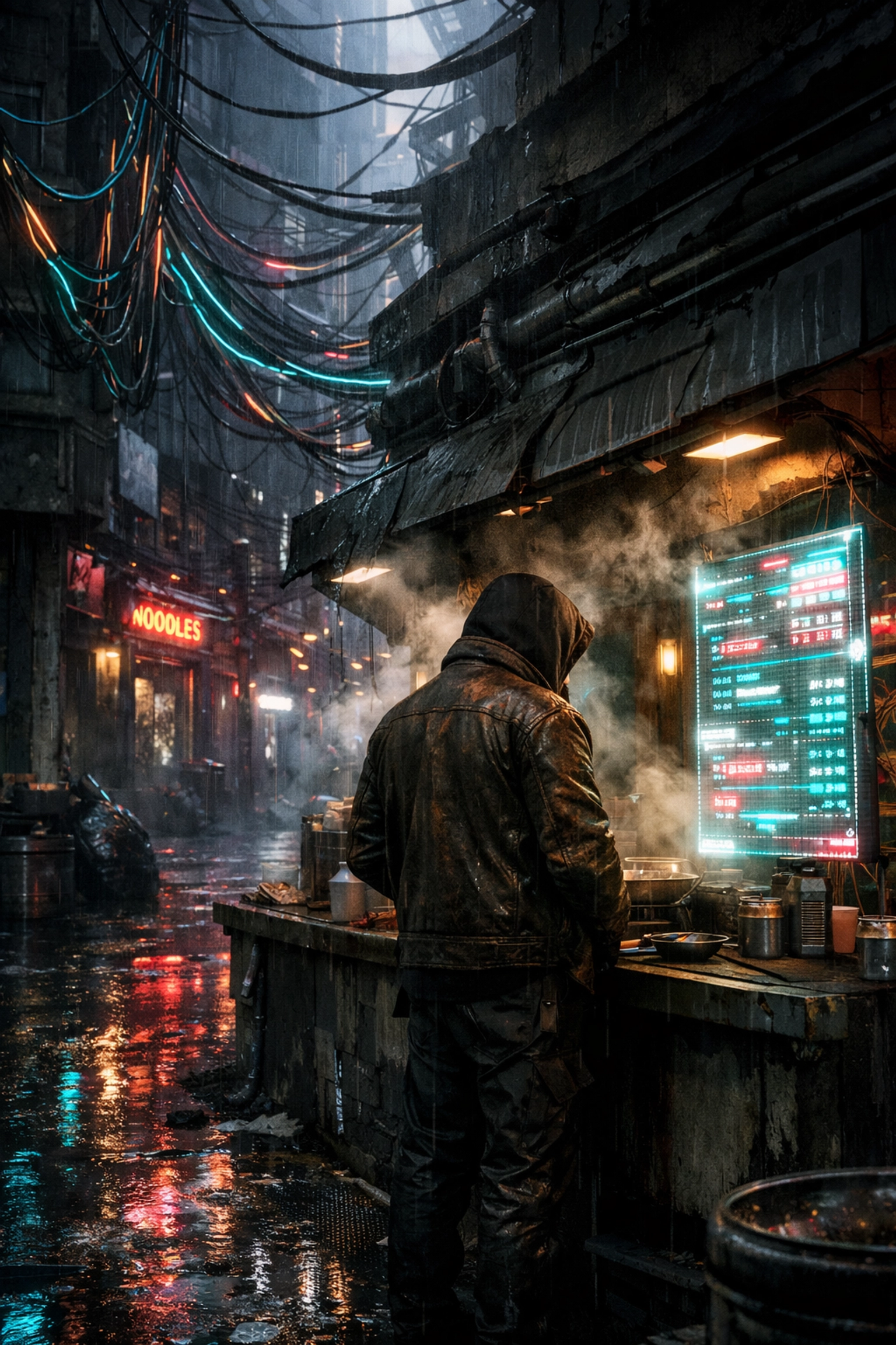 A rainy, neon-lit futuristic street scene illustrating the gritty tone of modern cyberpunk books.