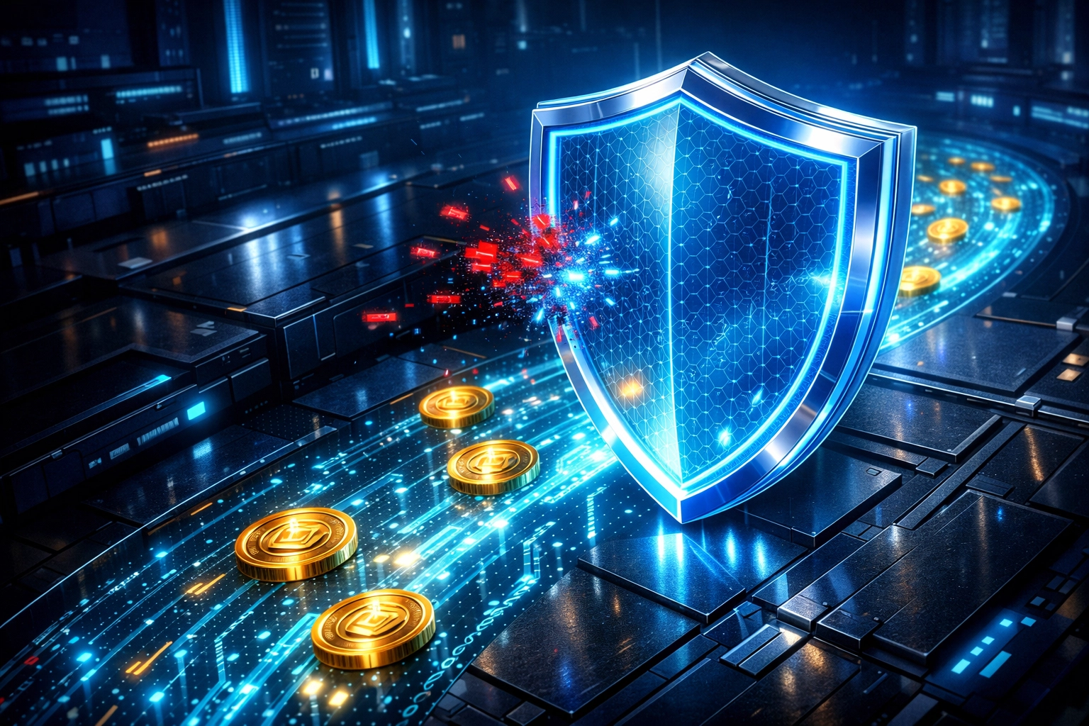 AI-powered fraud prevention shield protecting digital crypto tokens and secure Web3 transactions.