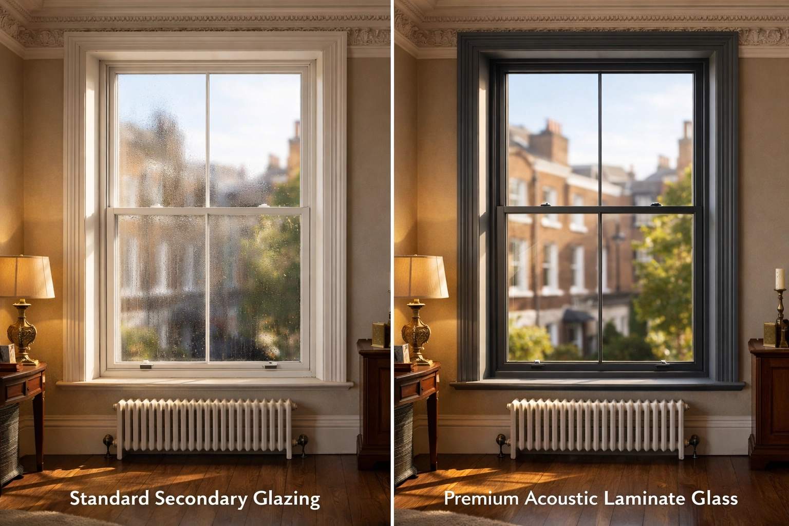 Comparison of standard versus premium secondary glazing on Victorian sash windows in London townhouse