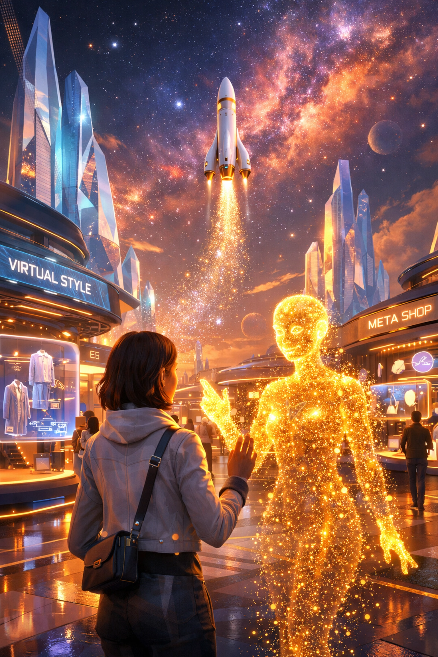 AI-powered metaverse shopping with a rocket launch representing the future of digital finance.