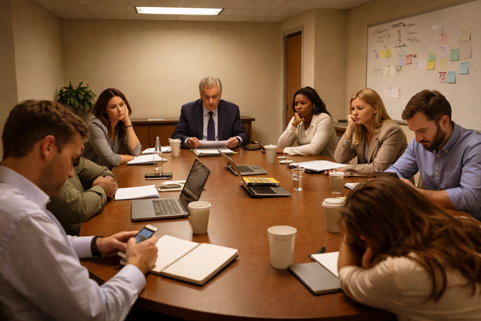 Disengaged corporate team during a traditional meeting, highlighting the need for meaningful team building