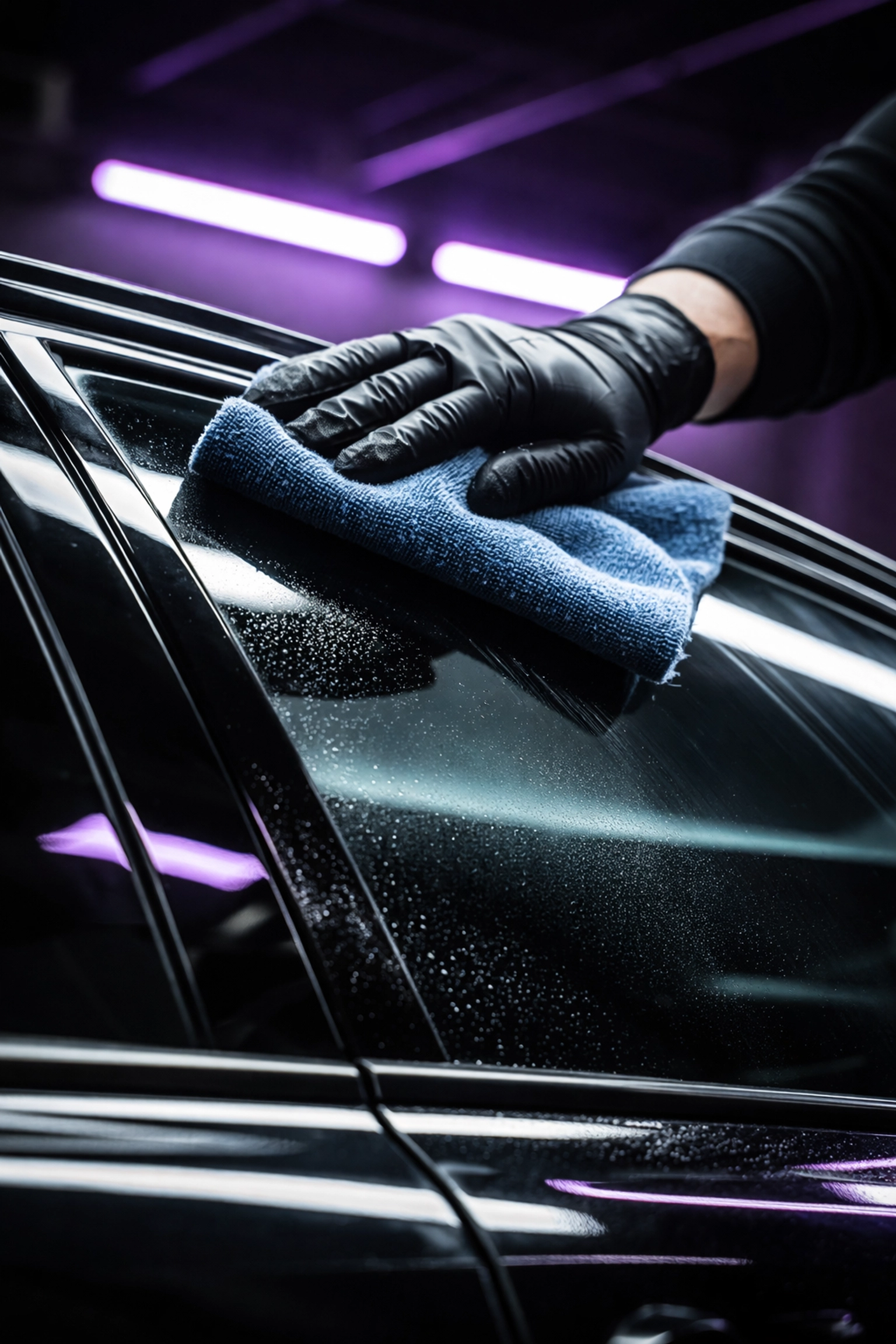 Professional auto detailer cleaning car window to ensure best tint installation, emphasizing window prep in Clayton.
