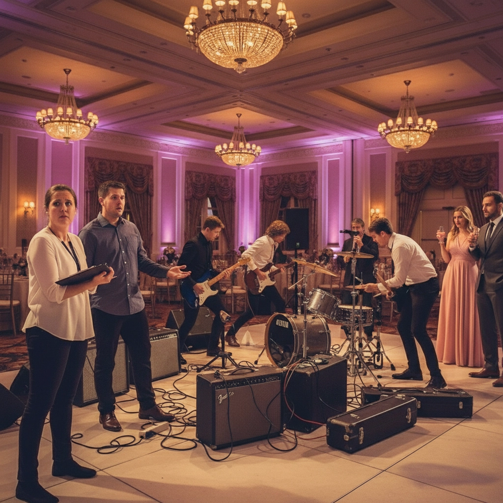 Band setting up on stage in elegant hall with chandeliers, pink uplighting. Two people converse, one holds clipboard. Others prepare instruments.