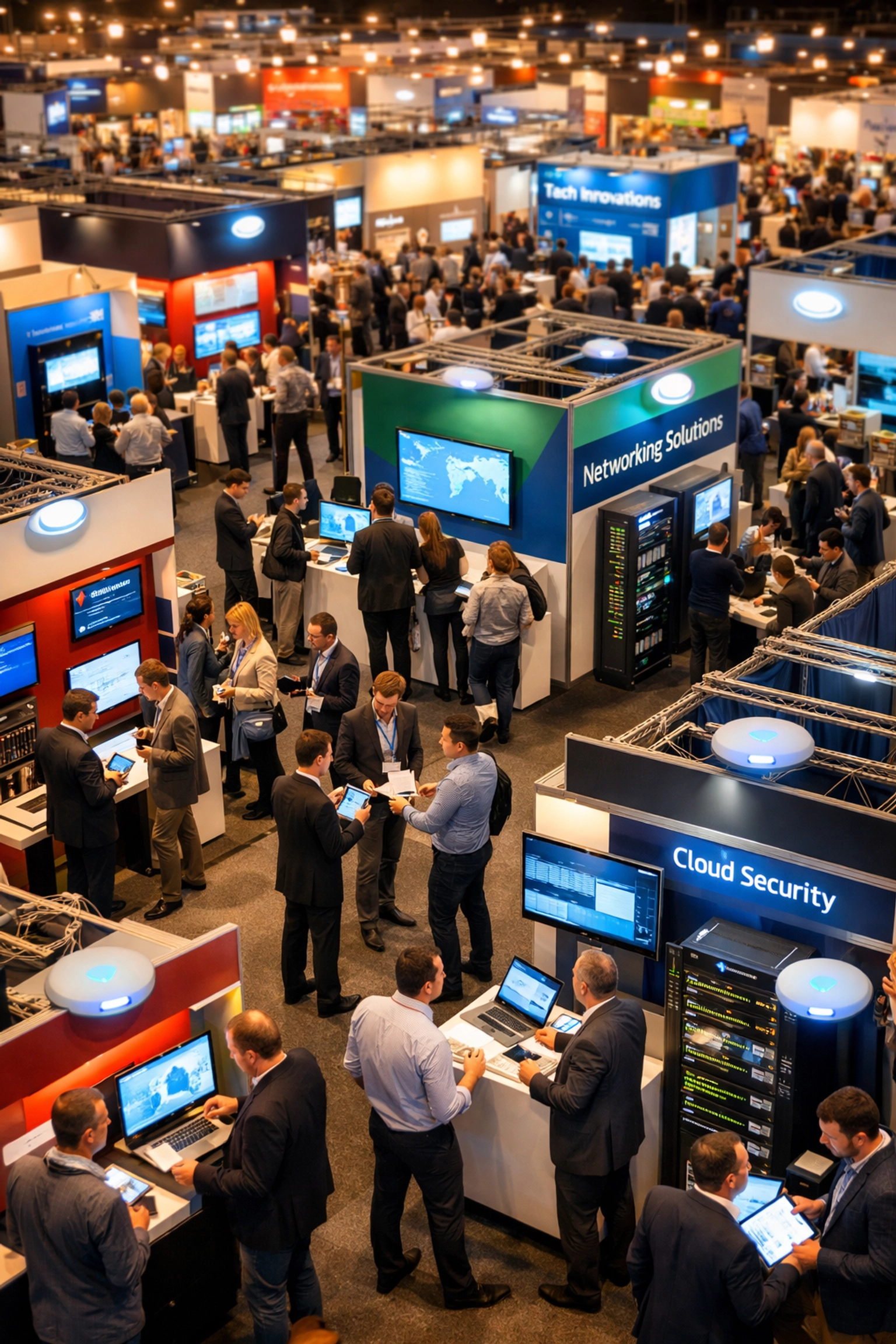 Busy trade show floor with multiple exhibition booths equipped with dedicated WiFi connectivity