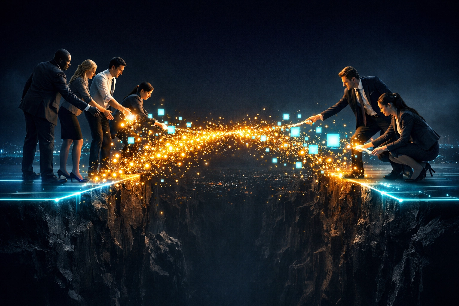 Team baut eine digitale Brücke für die KI-Transformation im Unternehmen.